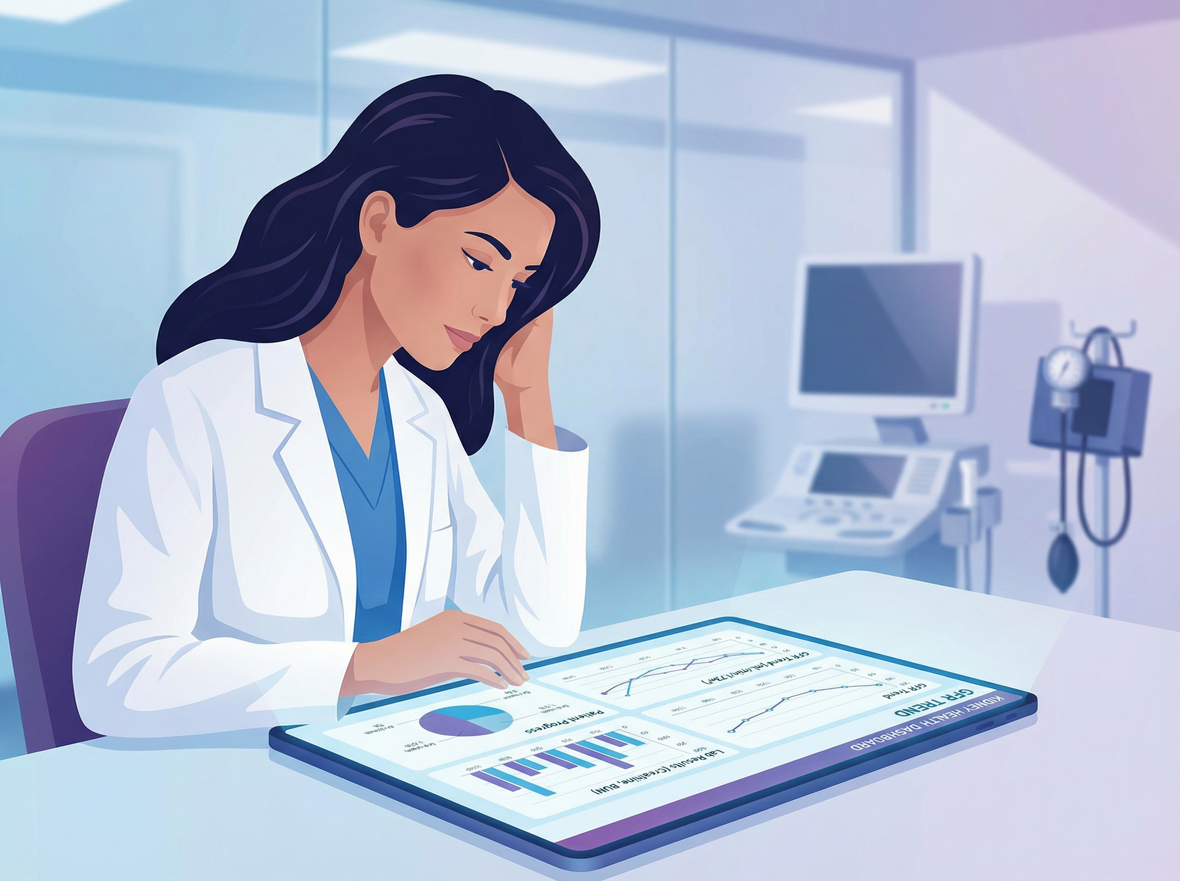 Doctor reviewing kidney health report generated by Nefra Health with eGFR trends and nutrition data