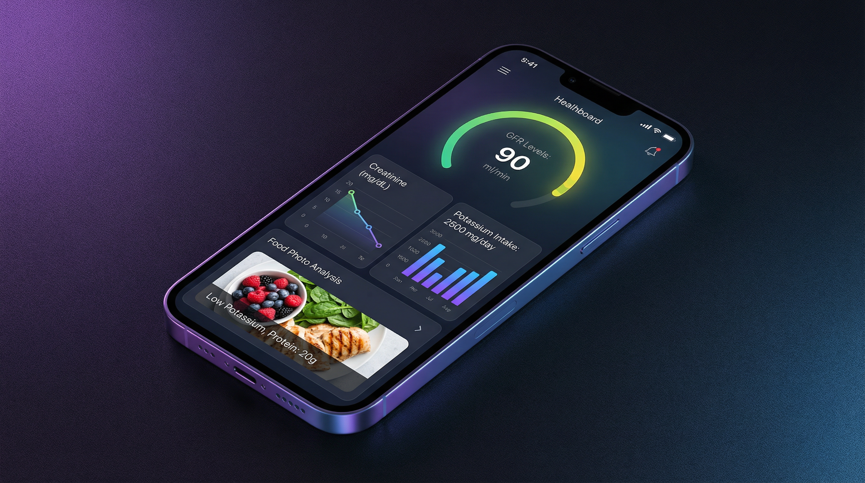 Nefra Health dashboard showing kidney nutrient tracking, eGFR trends, and AI food analysis