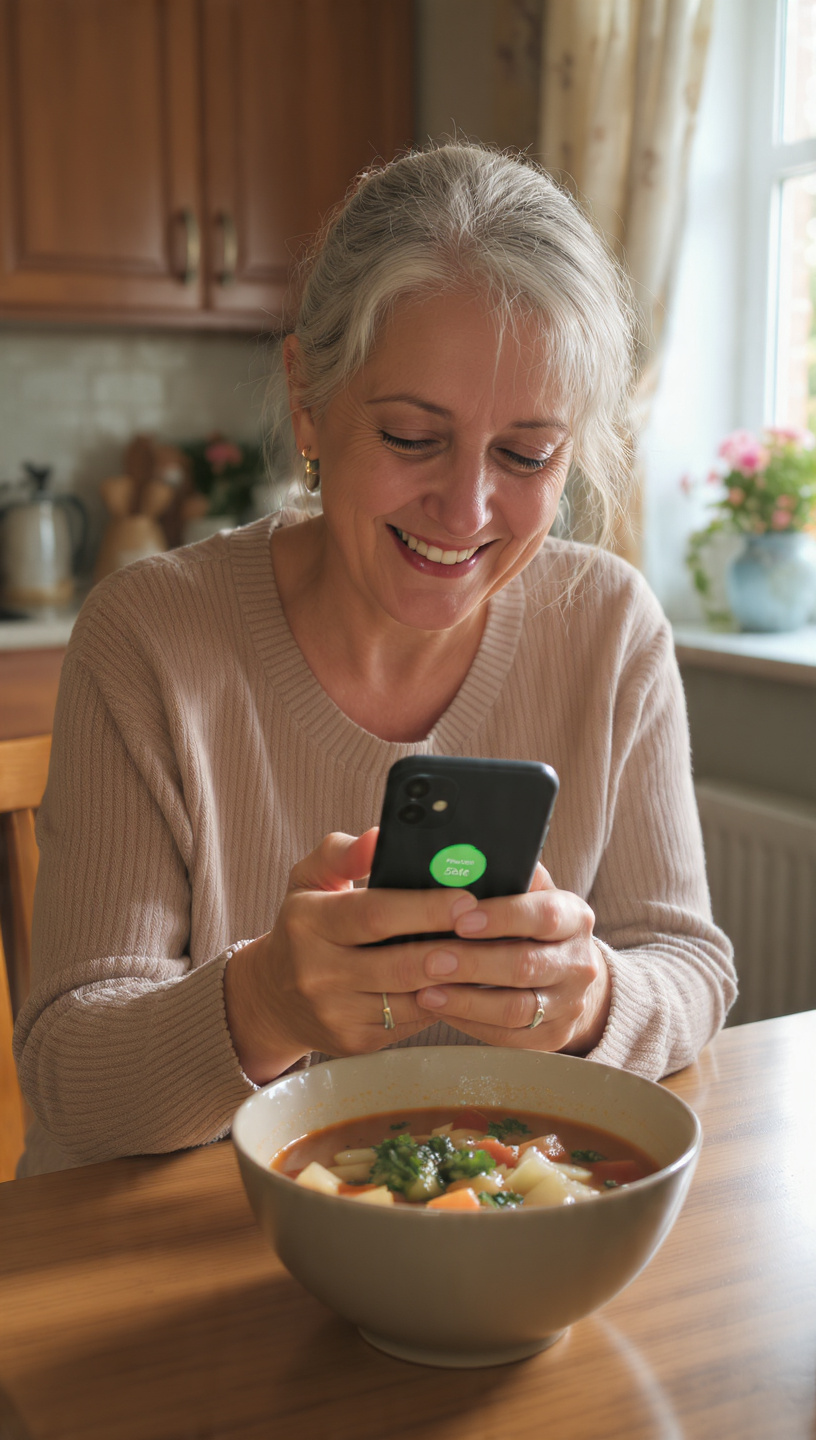 Woman checking whether her bowl of soup is safe for her kidneys