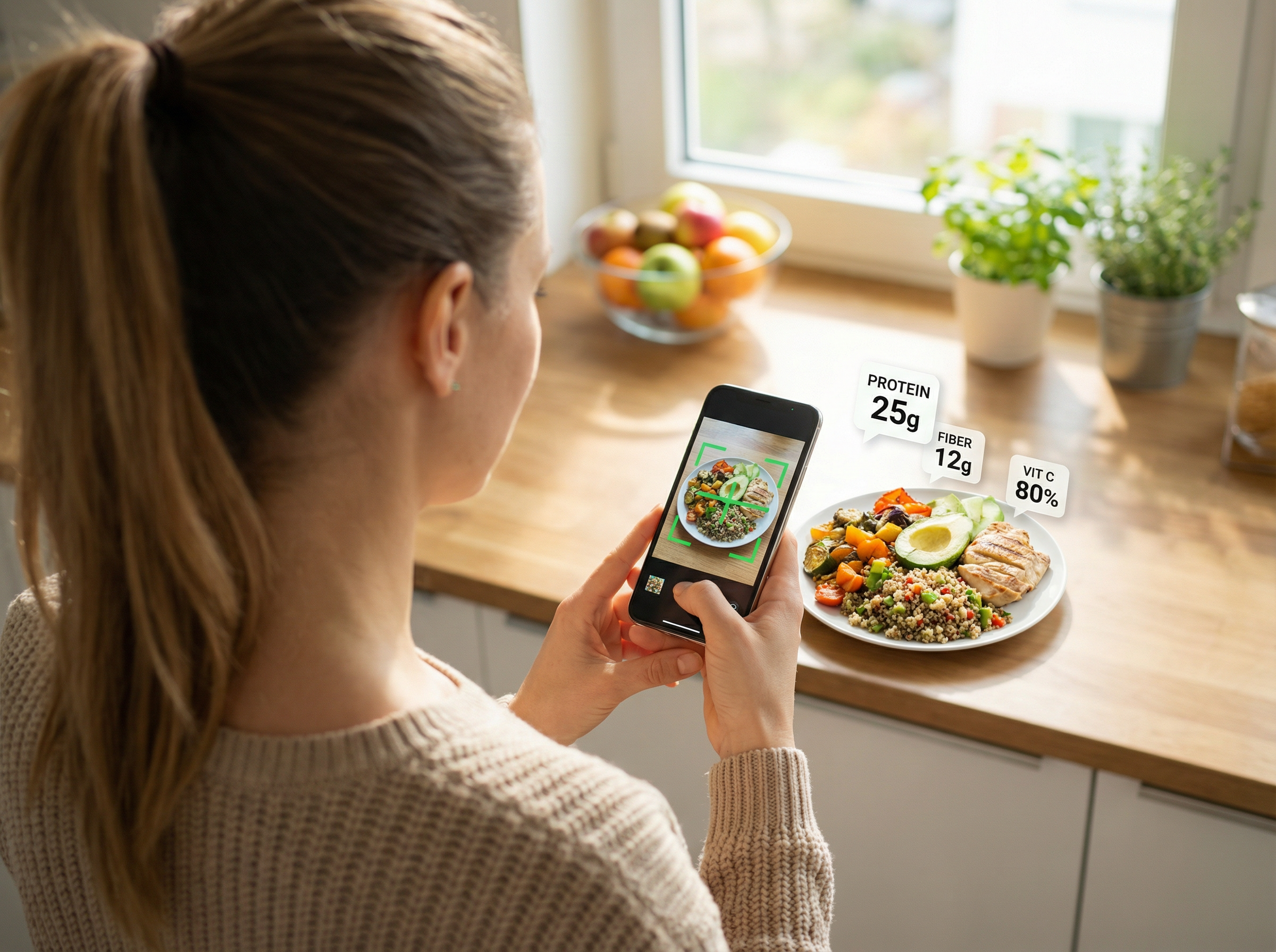 Person photographing a kidney-friendly meal for instant AI nutrition analysis in Nefra Health app